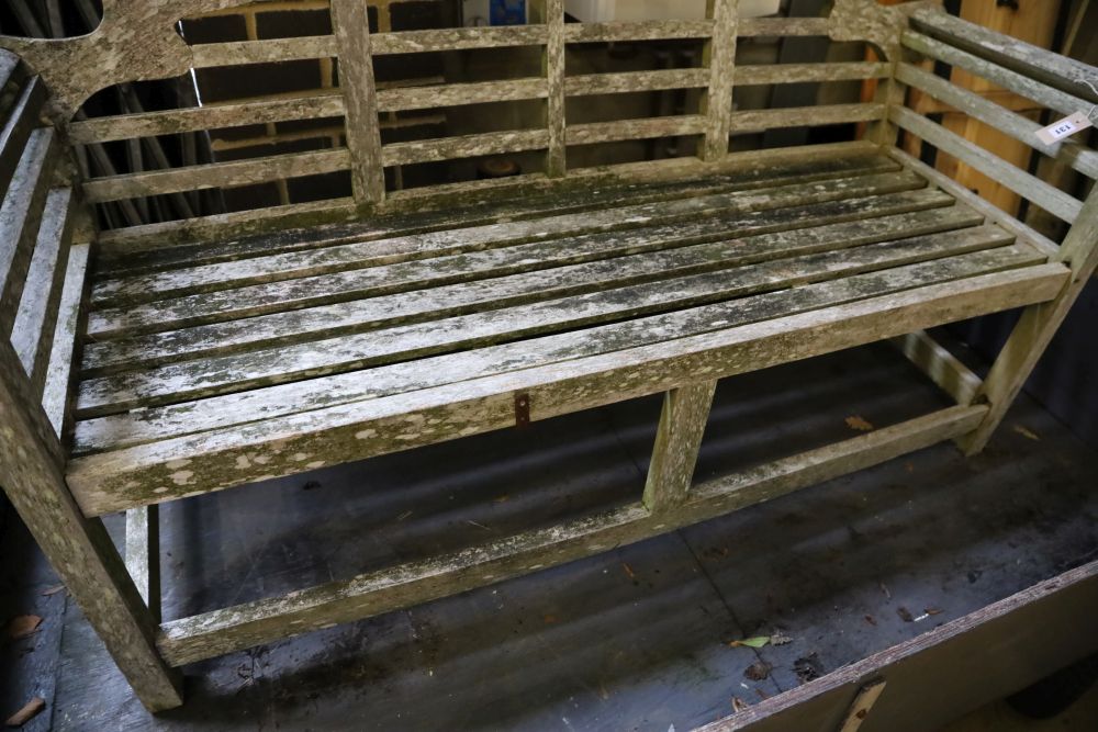 A Lutyens style weathered teak garden bench, length 170cm, depth 50cm, height 106cm